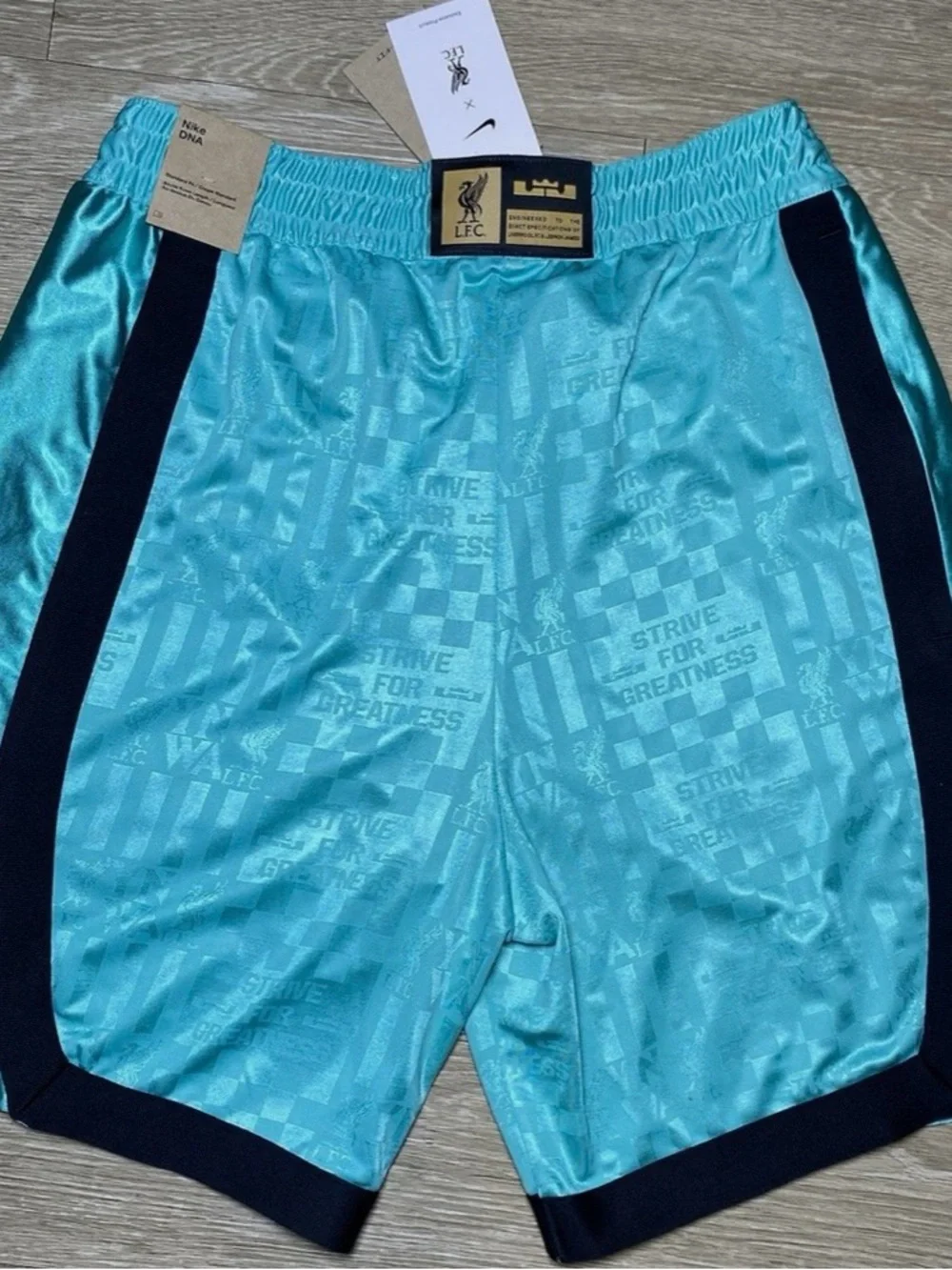 Nike Men’s Athletic Shorts Aqua Blue with Black Trim and Gold Accents